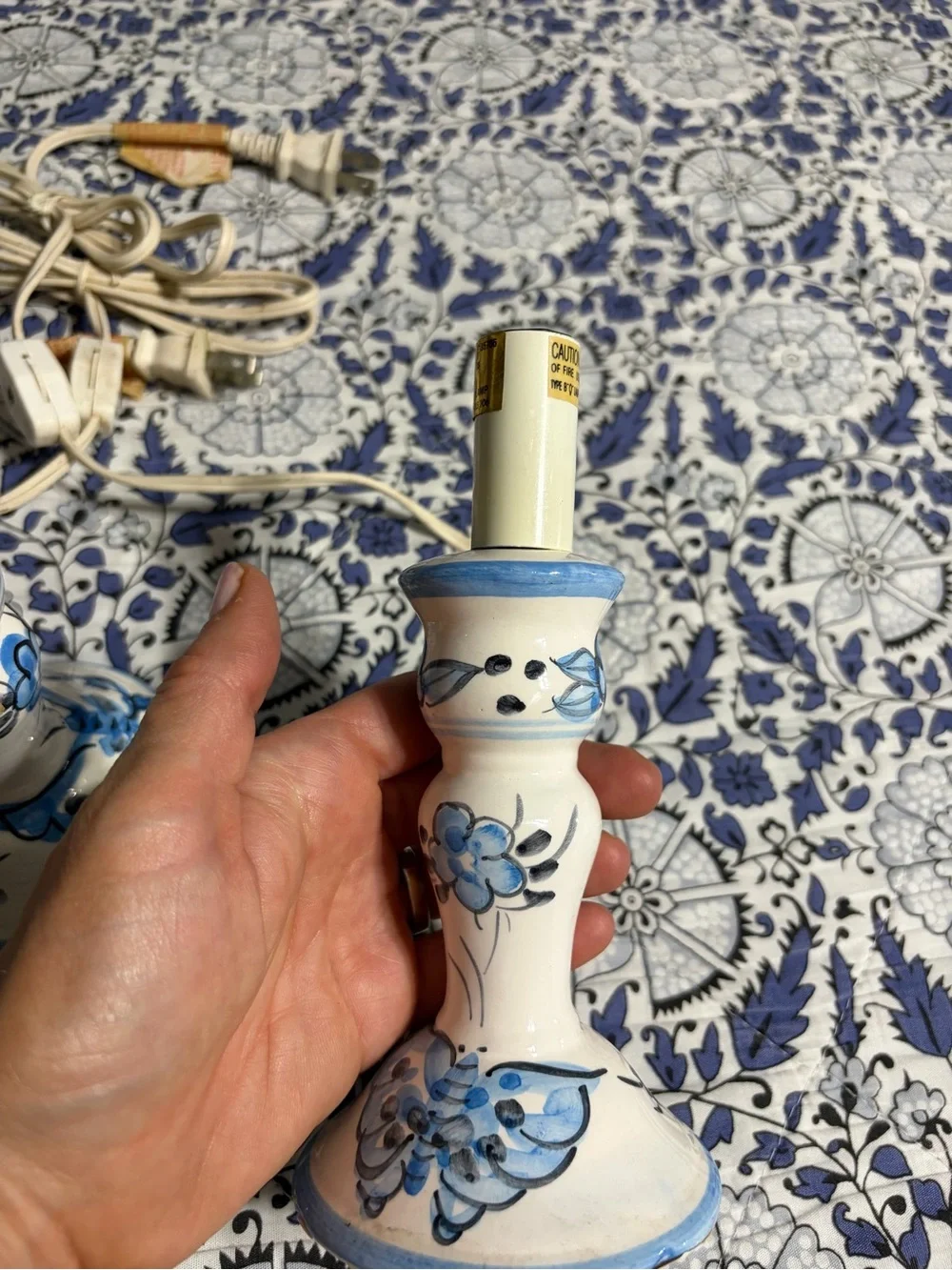 Vintage Blue and White Floral Ceramic Candlestick Lamps - Pair hand painted EUC